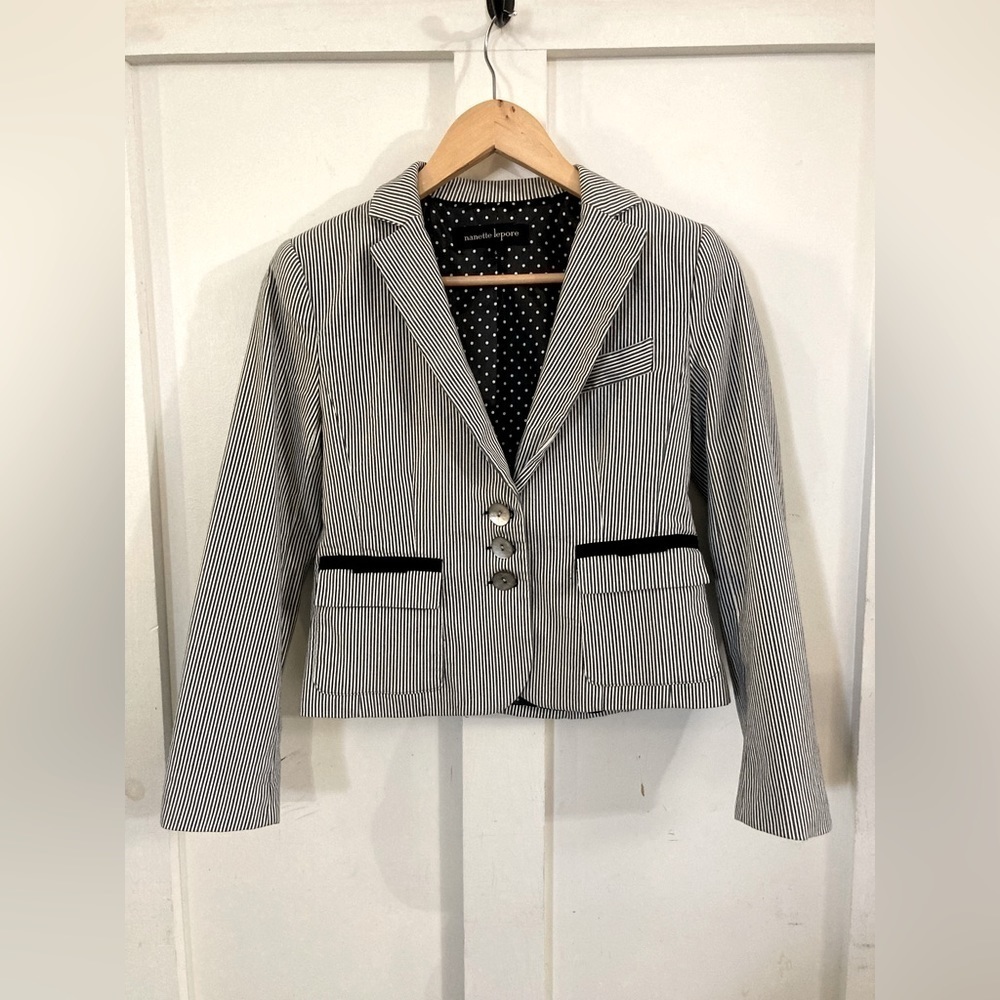 Nanette Lepore pin striped blazer jacket mother of pearl buttons bow accents 6